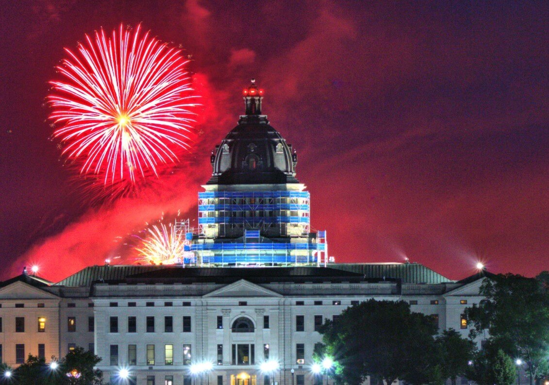 Front cover of 2018 Department of Revenue Fiscal Year Annual Report with the fireworks in front of the South Dakota Capitol