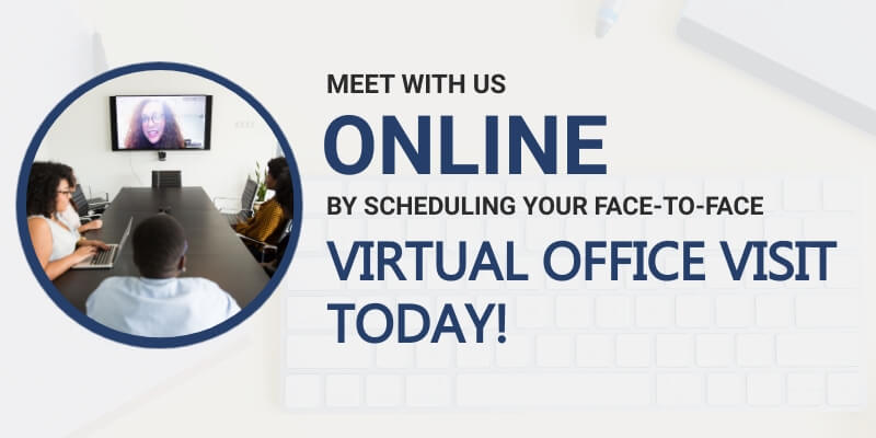 Virtual office meeting visit in office room and at home. Keyboard in background to schedule ahead of time.